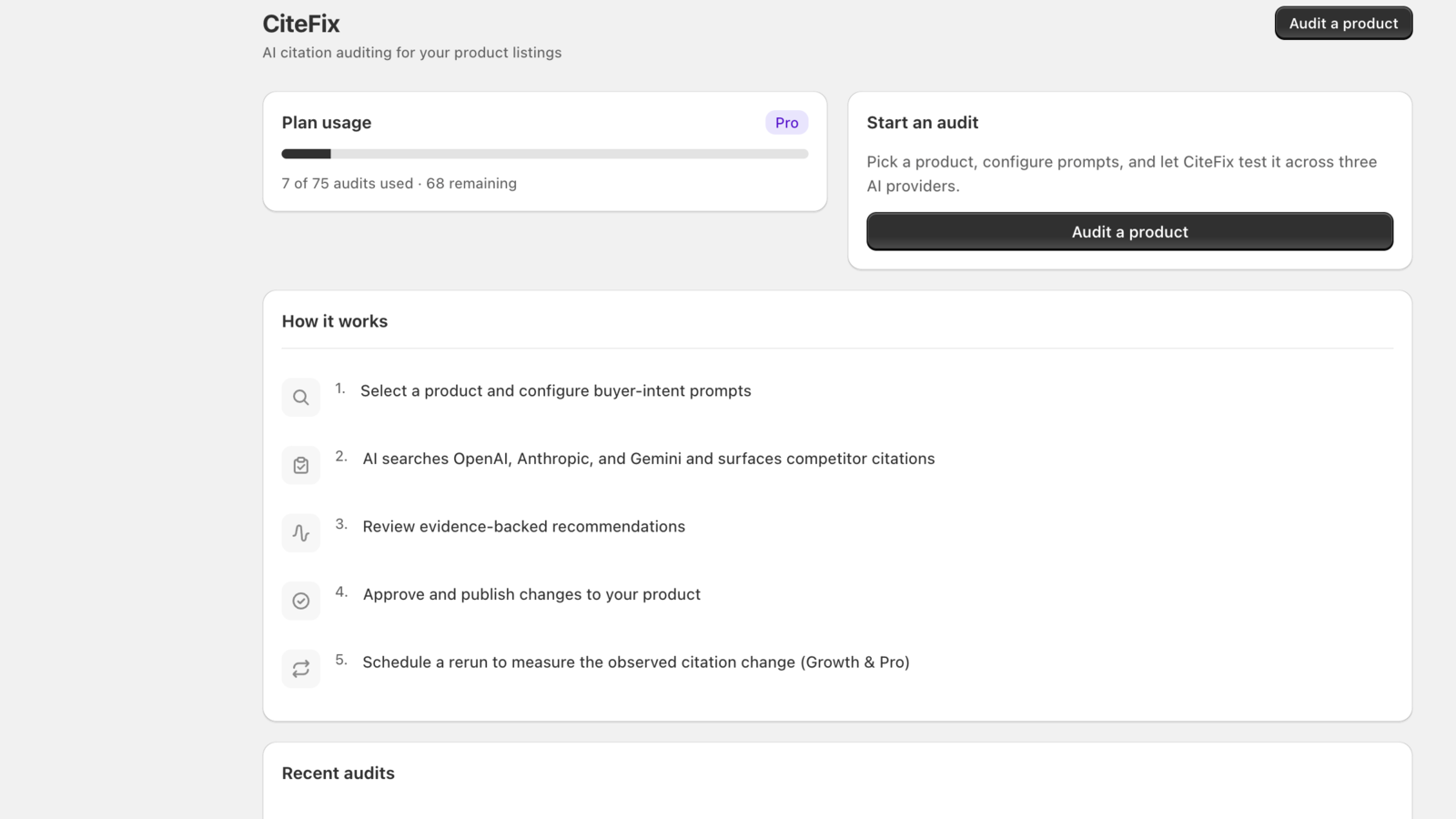 CiteFix home with plan usage and the audit steps